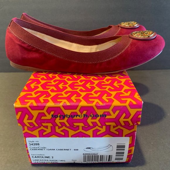 Tory Burch NEW Caroline 2 Cabernet Lancaster Suede/Veg Leather/Elastic Flat. 7 - Picture 3 of 6